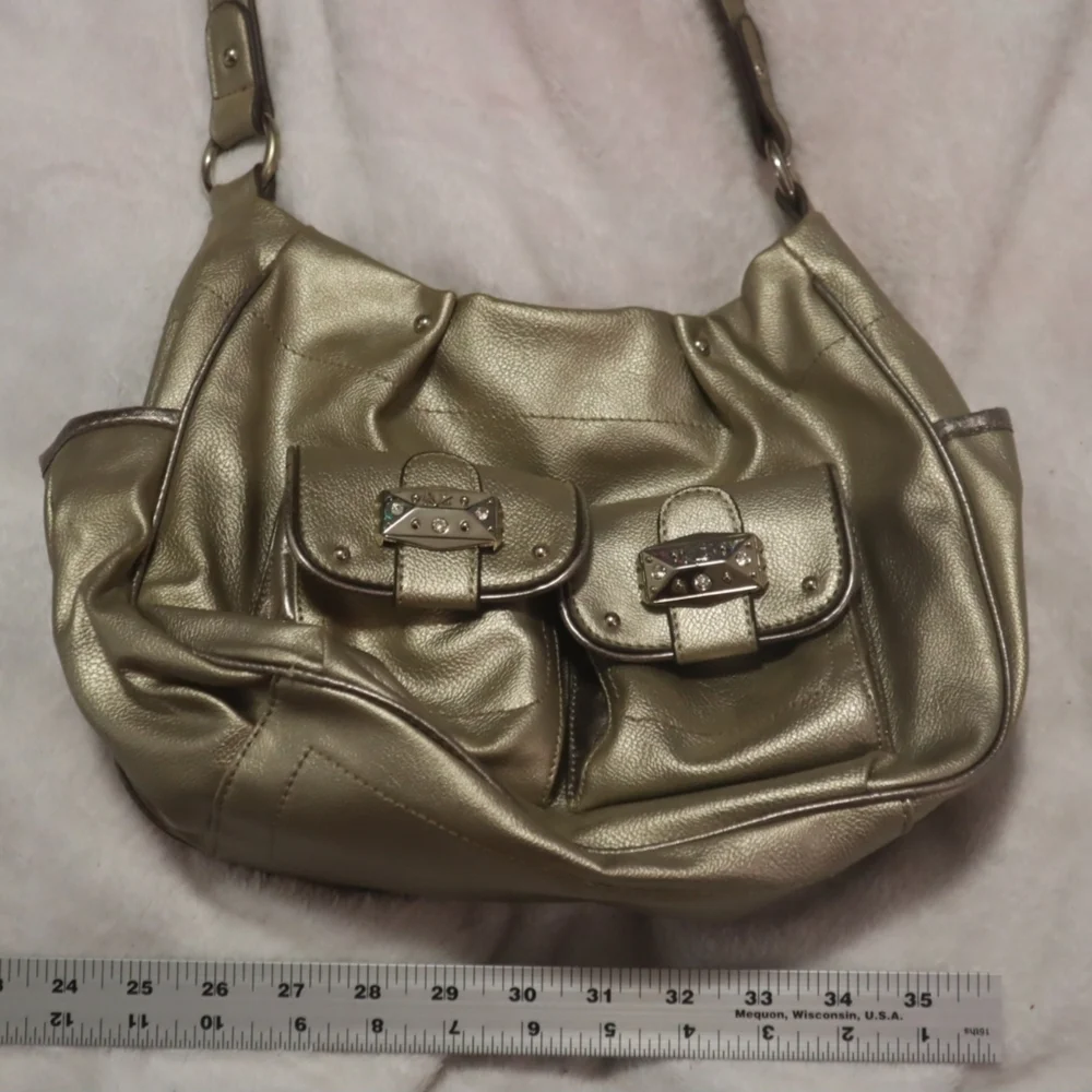 Y2K SATCHEL BAG Kathy New Zealand Light Gold Metallic Handbag 90s Pockets Winter - Picture 5 of 13
